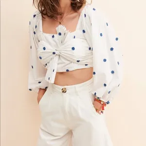 Farm Rio Blue Flowers‎ Crop Top Large White Floral Embroidered Tie Front Beachy thumbnail 4