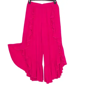 Hot Pink Ruffle Pants L Pull On Wide Leg High Rise Flowy Palazzo Crop Festival thumbnail 2