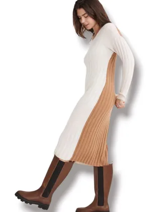 Madewell Re)sourced Ribbed Wool Alpaca Midi Sweater Dress Large Colorblock Tan L thumbnail 1