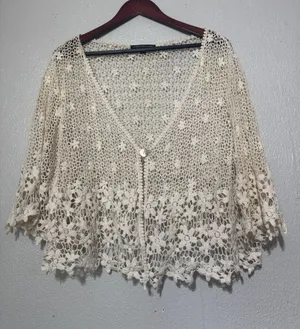 Chris McLaughlin Crochet Lace Floral Cardigan Shrug Cream Plus Size 2X thumbnail 1