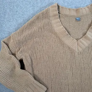 Aerie Women's Small Chunky Knit V-Neck Sweater Tan Chenille Pullover Top thumbnail 3