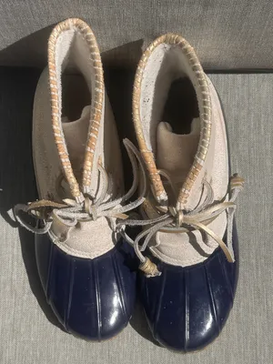 Womens Jack Roger’s Chloe Gold Metallic Cream Leather Navy Rubber Duck Boot Sz 9 thumbnail 3
