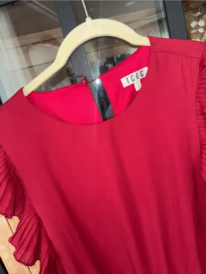 Shop The Mint TCEC Crimson ruffle tiered mini dress maroon a&m alabama pleated short sleeve thumbnail 5