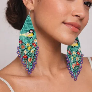 Handmade Colorful Beaded Dangle Earrings with bird and flowers 🌺 thumbnail 1