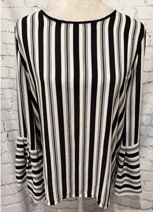 Loft Ann Taylor Black And White Boho Stripe Bell Sleeve Blouse Size Medium thumbnail 1