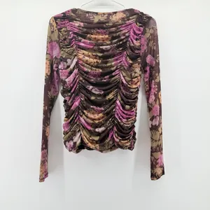 Maeve Anthropologie Ruched Mesh Floral Long Sleeve Top Brown Pink Small thumbnail 3