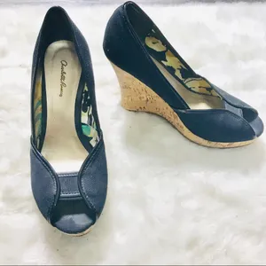 Charlotte Russe Black Canvas Peep Toe Natural Cork Wedges Size 6 thumbnail 8