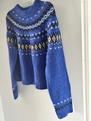 J.Crew Womens XL Alpaca Merino Wool Blue Nordic Knit Sweater Fair Isle Ribbed thumbnail 3