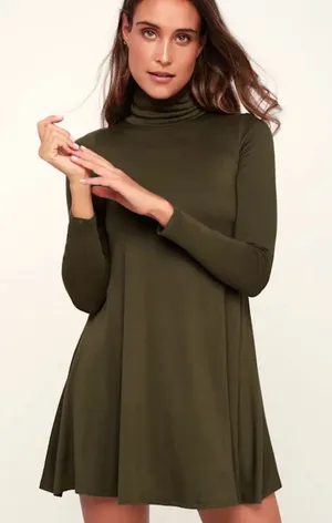 Lulu's Olive Green Turtleneck Swing Mini Dress thumbnail 1