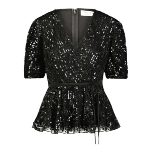 Mac Duggal R5694 Black Sequin Floral Faux Wrap Peplum Top L thumbnail 3