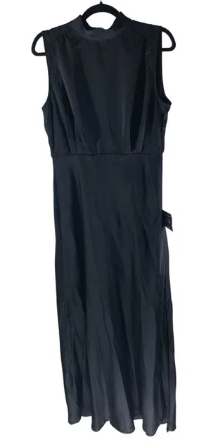 Lulus Classic Elegance Black Satin Sleeveless Mock Neck Maxi Dress L thumbnail 1