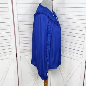 Loft Ruffle Trim Tie Neck Button Up‎ Blouse Long Sleeve Lapis Blue Small thumbnail 4