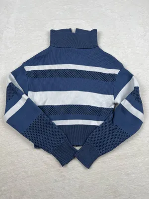 SO Striped Full Zip Open Knit Mock Neck Sweater Blue White Size M thumbnail 3