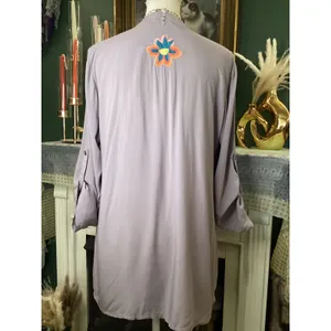 Luna Moon Womens Gray Embroidered Floral‎ Tunic Blouse Roll Tab Sleeve Medium thumbnail 5