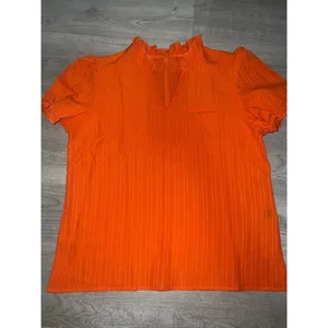 Orange Pleat Notch Neck Puff Sleeve Top - Women thumbnail 4