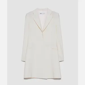 Zara Collared Plunge Blazer Dress Stretch Wool Blend in Cream Ivory Women's XS thumbnail 12