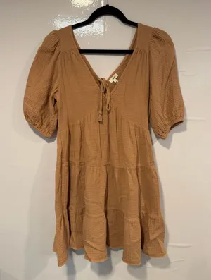 Aerie Cotton Textured Tie-Front Tiered Mini Dress‎ in Camel thumbnail 1