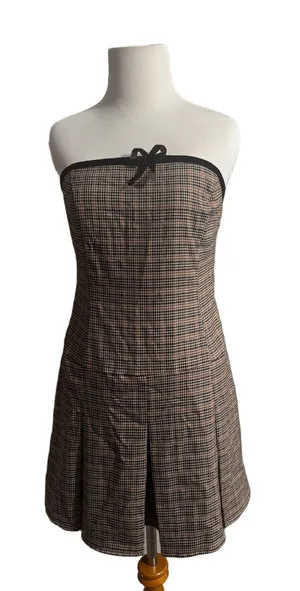 Motel Strapless Plaid Mini Dress in Brown and Black thumbnail 1