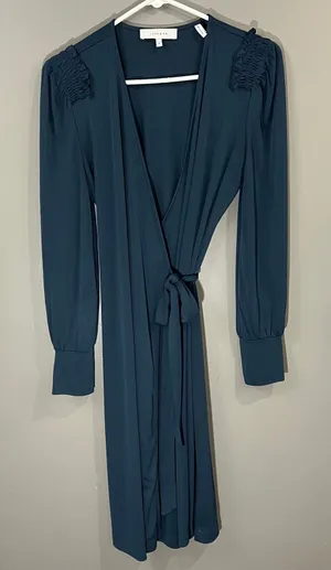 Lark & Ro Wrap Dress Womens Size M Teal Blue Great Smocked Shoulder Long Sleeve thumbnail 1