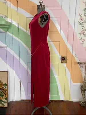 Vintage Giorgio Fiorlini Red Velvet Maxi Dress Silver Waist Detail Sz 5/6 💚🎀 thumbnail 6