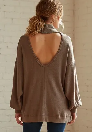 Free People Winnie Top Mock Neck Cutout Back Brown thumbnail 1