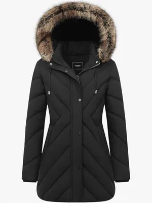 Women's Black Quilted Puffer Coat with Faux Fur Hood AP thumbnail 1