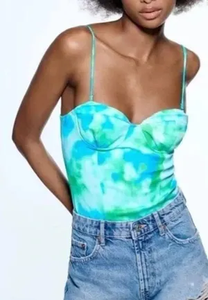 Blue/Green Watercolor Satin Effect Bustier Bodysuit thumbnail 1