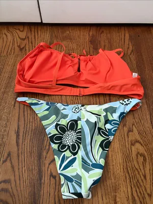 aerie Coral Bikini Top w/Blue & Green Floral Cheeky Bottom Top XL Bottom Large thumbnail 4