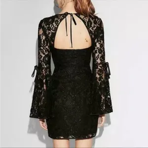 Express Womens 2 Black Floral Lace‎ Bell Sleeve Open Back Mini Dress thumbnail 5