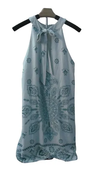 Lulus‎ Halter Mini Dress Large White Teal Blue Boho Mandala Medallion Print thumbnail 1