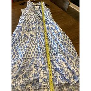 Calypso St Barth Daria Dress M Blue White Block Print Floral Cotton Resort Maxi thumbnail 4
