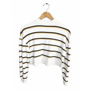 SO Women White Striped Mock Neck Cropped Knit Sweater Navy Mustard XS thumbnail 2