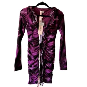 Oh Polly Long Sleeve Ruffle Detail Mini Dress in Multi Print purple Size 6 New thumbnail 2