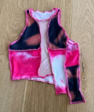 Asymmetrical Crop Top with Mesh Panel in Pink and Black thumbnail 1