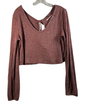 Kimchi Blue Ribbed Knit Cropped Tie Back Long Sleeve Top Dusty Rose Size M‎ thumbnail 1