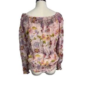 Vintage Revue Boho Floral Smocked Peasant‎ Blouse Pink Rayon Ruffle Hem XL thumbnail 8