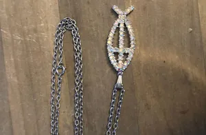 Vintage AB Rhinestone Ichthus Fish Cross Pendant Necklace thumbnail 3