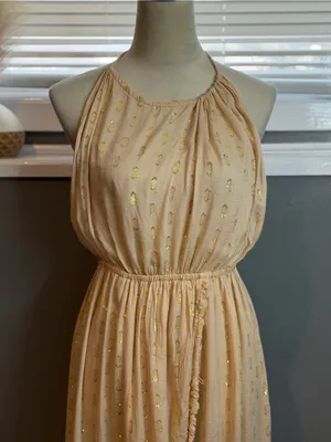 Surf Gypsy Halter Maxi Dress Size M Boho Gold Shimmer Backless Tassel thumbnail 4