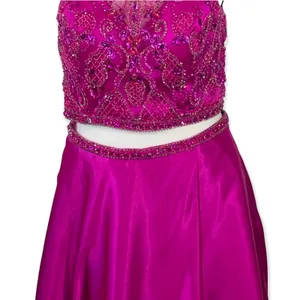 Mori Lee Fuchsia Embellished 2 Piece Prom Dress Size 10 Halter Gown thumbnail 7