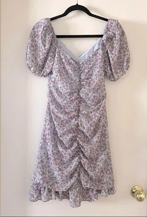 ASTR Shirred Ruffle Mini Dress Teal & Purple Ditsy Floral thumbnail 6