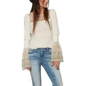 Free People Small Top Ivory Embroidered Bell Sleeve‎ Flared Boho Dramatic 696 thumbnail 3