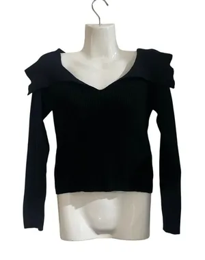 Steve Madden Black Ribbed Long Sleeve Collar Knit Top SZ S Form Fitted Y2K Chic thumbnail 1