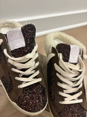 Golden Goose Super-Star Sabots in glitter with brown star and shearling lining thumbnail 6
