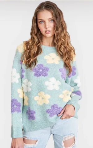Adora Floral Knit Sweater Sage Green Purple Yellow 3D Flower Pullover L thumbnail 1