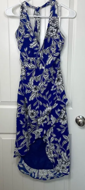 EUC Bardot women’s Petra halter electric blue floral high low‎ sundress dress XS thumbnail 1
