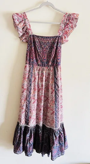 Haute Hippie Maxi Dress‎ Boho Flutter Sleeve Cotton Flounce Hem Floral Sz 12 thumbnail 1