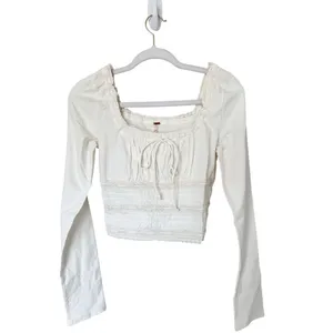 Free People Long Sleeve Lace Trim Crop Top Boho Ivory Size Large NEW thumbnail 4
