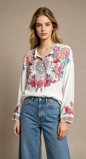 NWOT Johnny Was Floral Embroidered Long Sleeves Blouse Boho Chic Size L thumbnail 1