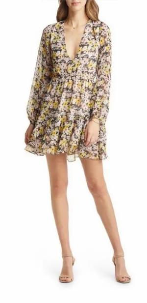 NWT Vici Floral Tiered Ruffle Mini Dress M –Nordstrom Sold Out Black Pink Yellow thumbnail 1
