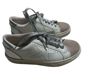 Steve Madden Lace Sneakers Women's Size 6.5 White Silver Sparkle Laces Beige thumbnail 1